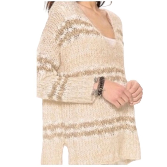 Free People Sweaters - Free People XS Linus Stripe Pullover Sweater Eyelash Loose Knit V-Neck Oversized